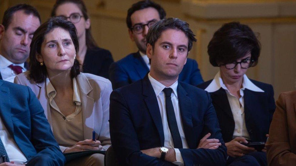 Amélie Oudéa-Castéra (L) and Gabriel Attal in Tuesday night's audience