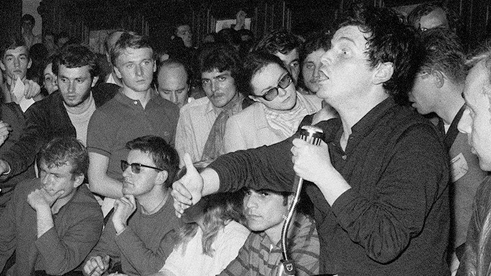 Daniel Cohn-Bendit addressing student protesters, 2 Jun 68