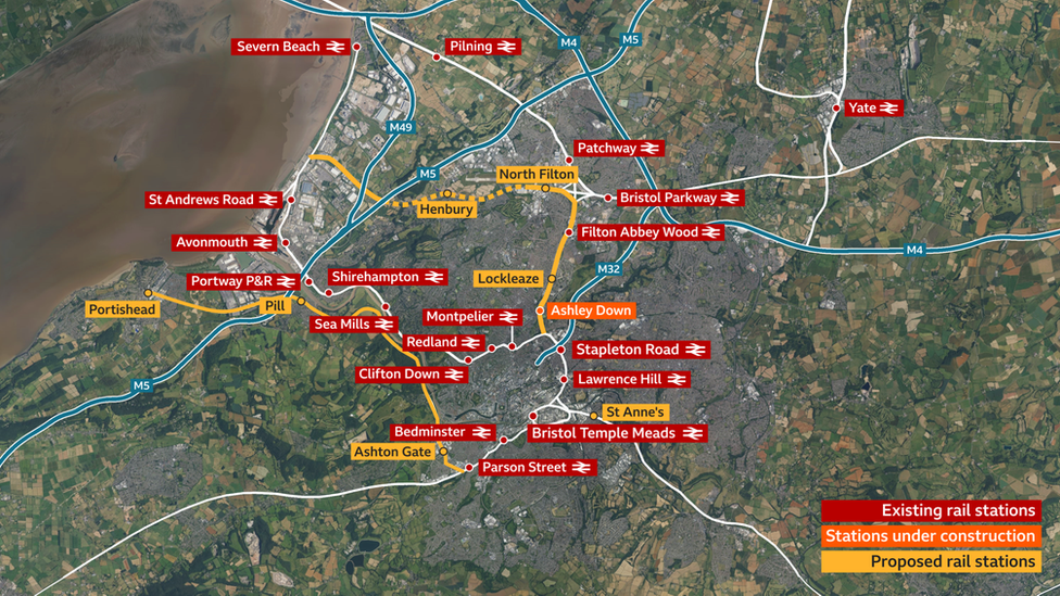 A map graphic showing where current and planned stations are in Bristol