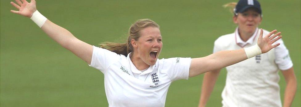 Anya Shrubsole celebrates taking a wicket for England