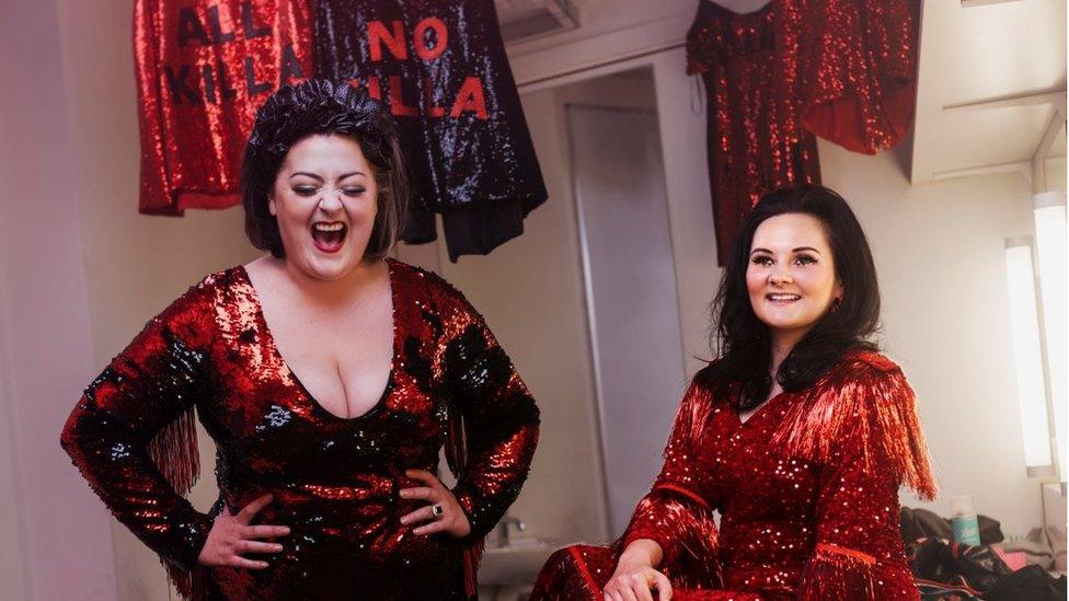 Kiri and Rachel in a dressing room before a gig