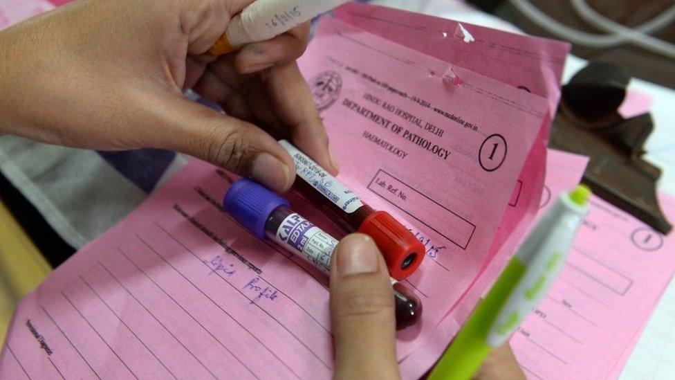 An Indian pathology assistant labels blood samples from dengue patients in The Hindu Rao hospital in New Delhi on September 16, 2015. T