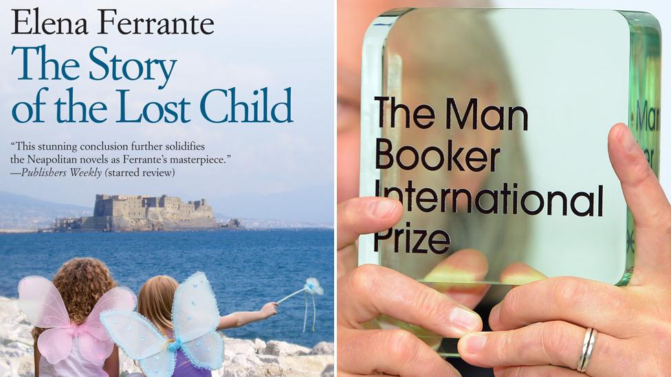 Elena Ferrante's book cover and the Man Booker International Prize statue