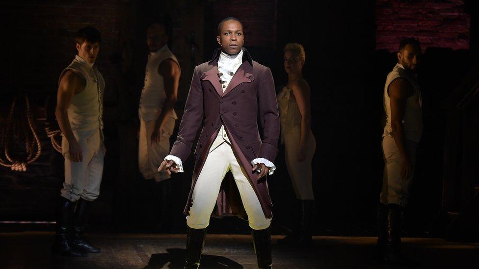 Actor Leslie Odom Jr. on stage in the Broadway version of Hamilton