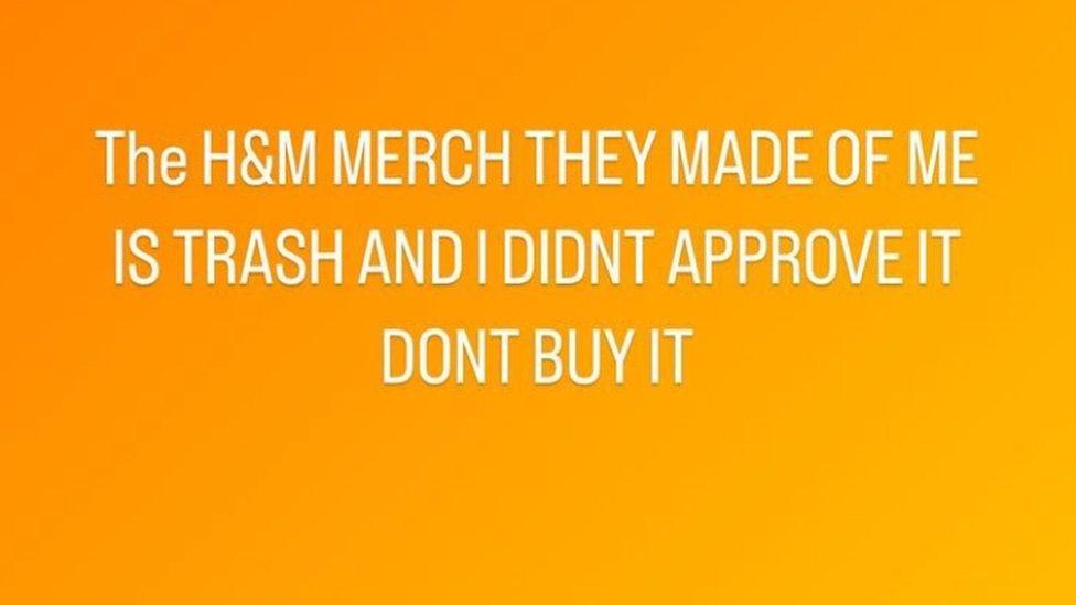 Second Instagram screenshot from Bieber's account reading: The H&M merch they made of me is trash and I didn't approve it don't buy it