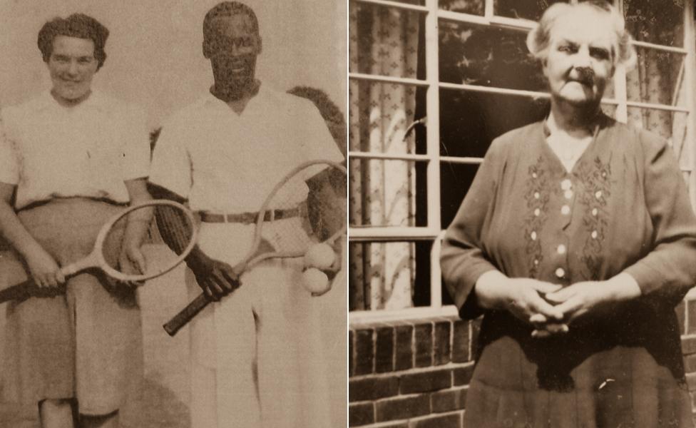 Trudy and Barclay playing tennis (left) and Trudy's mother Margaret (right)