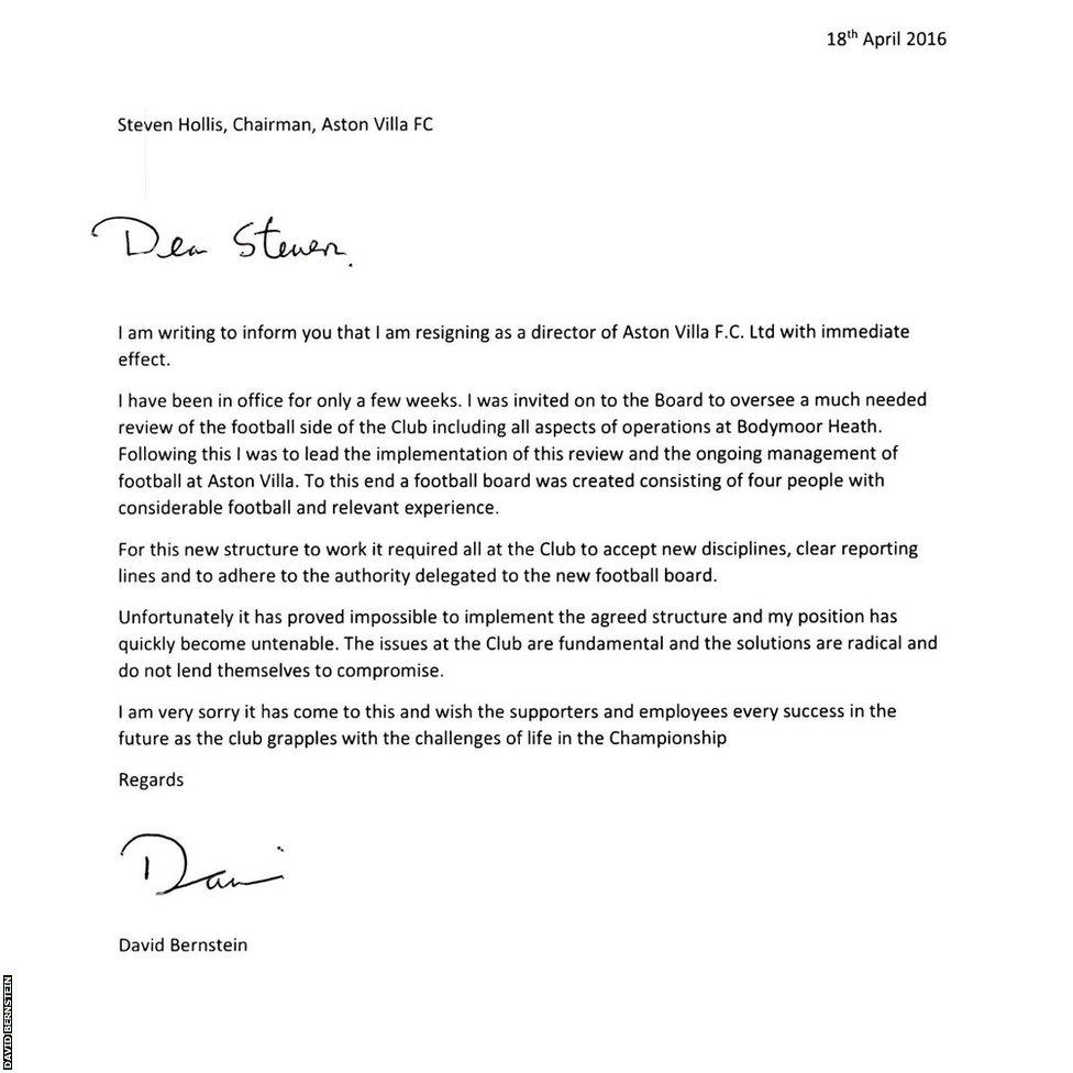 David Bernstein's resignation letter