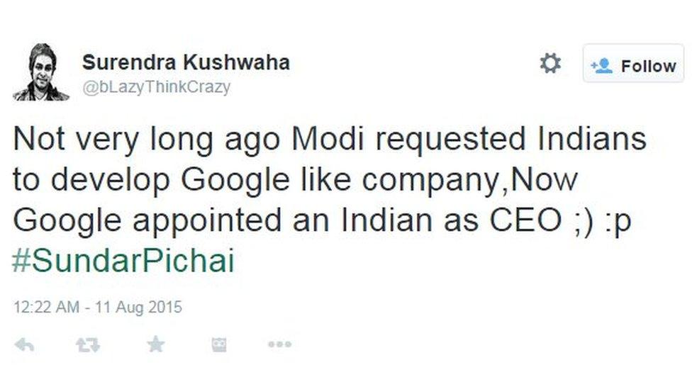 Not very long ago Modi requested Indians to develop Google like company,Now Google appointed an Indian as CEO ;) :p #SundarPichai