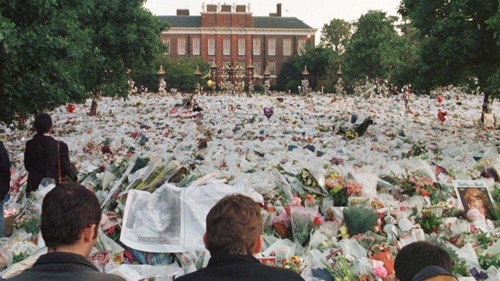 Flowers outside Kensington Palace following the death of Princess Diana in 1997