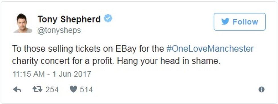 Tweet: "To those selling tickets on EBay for the #OneLoveManchester charity concert for a profit. Hang your head in shame."