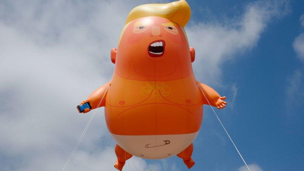 The Donald Trump baby blimp in the skies during the protests in June 2019