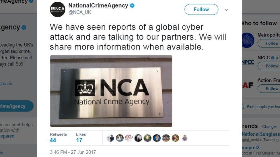 NCA tweet reads: "We have seen reports of a global cyber attack and are talking to our partners. We will share more information when available".