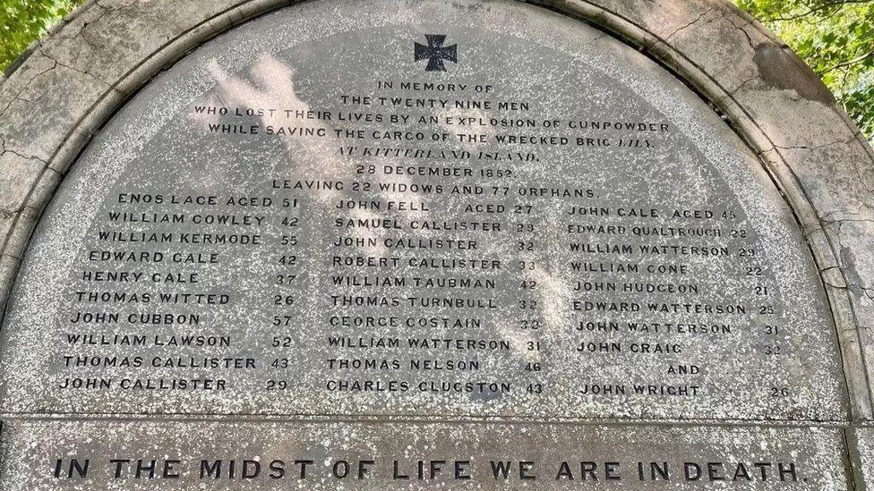 A memorial to those killed in the disaster on display at Kirk Christ Rushen Churchyard