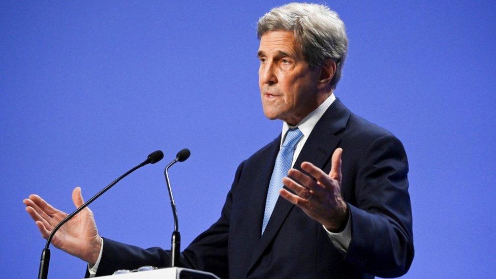 U.S. climate envoy John Kerry speaks during a joint China and US statement on a declaration enhancing climate action, at the COP26 climate conference in Glasgow