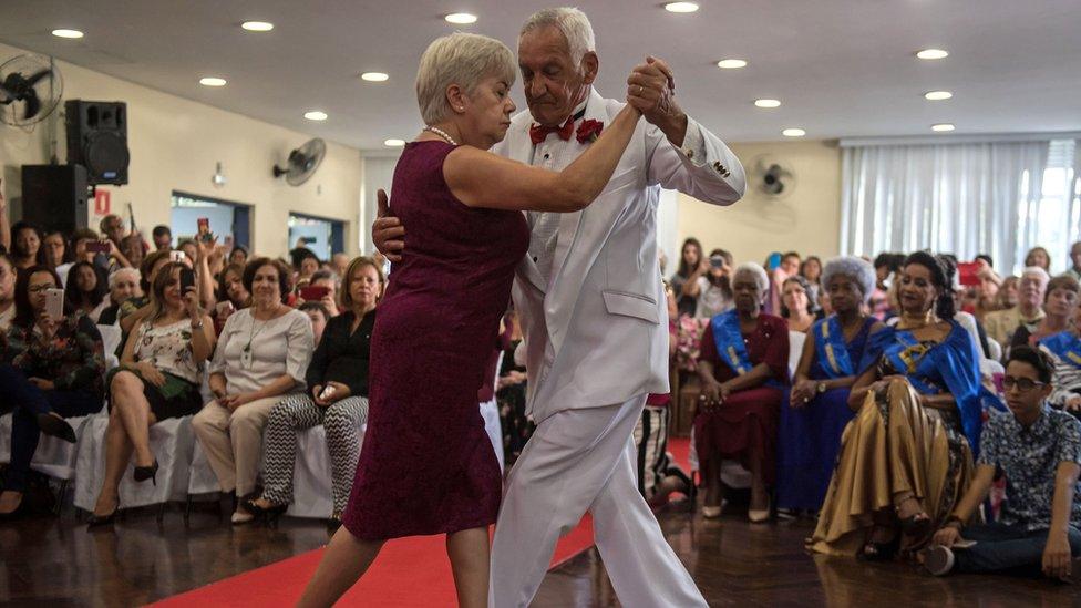 Pensioners dance at a beauty pageant for elderly women ahead of Mother's Day, in Sao Paulo, Brazil on May 10, 2018