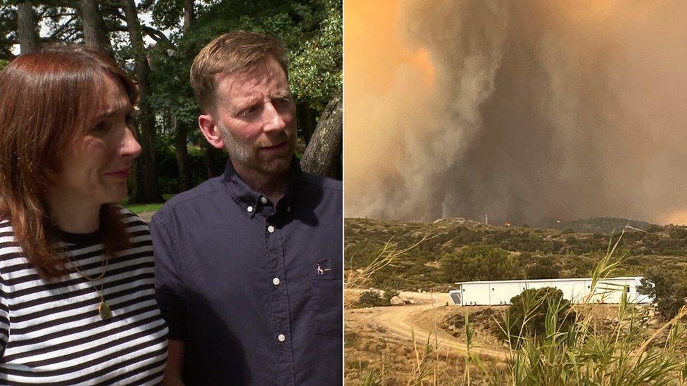 Gwenllian and Ynyr (left) and a fire near their hotel (right)