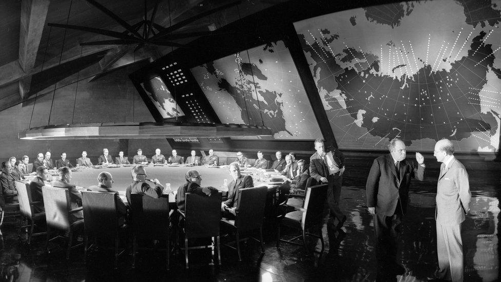 Filming on the set of Dr Strangelove or: How I Learned to Stop Worrying and Love the Bomb on 14 March 1963