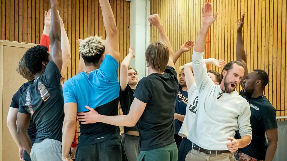 Joseph Fiennes (front right) and cast in rehearsals for Dear England at the National Theatre