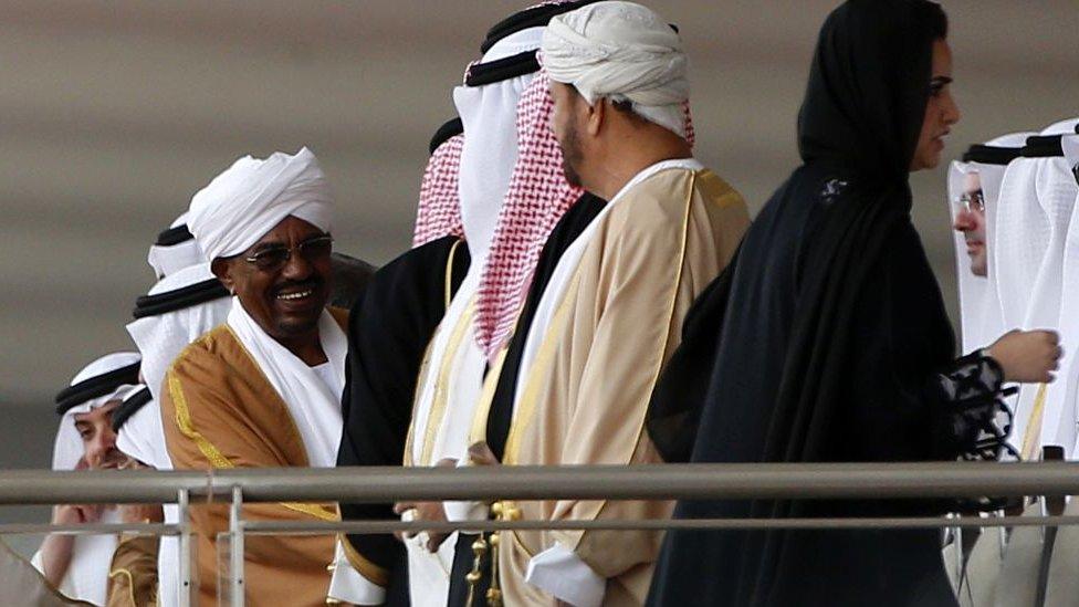 Sudan's President Omar al-Bashir arrives for the opening of the International Defence Exhibition and Conference (IDEX) at the Abu Dhabi National Exhibition Centre in the Emirati capital on 22 February 2015.