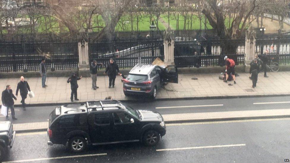 Crashed car on Bridge Street by the Palace of Westminster