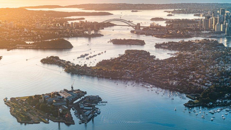 Aerial view of Sydney Harbour at sunset