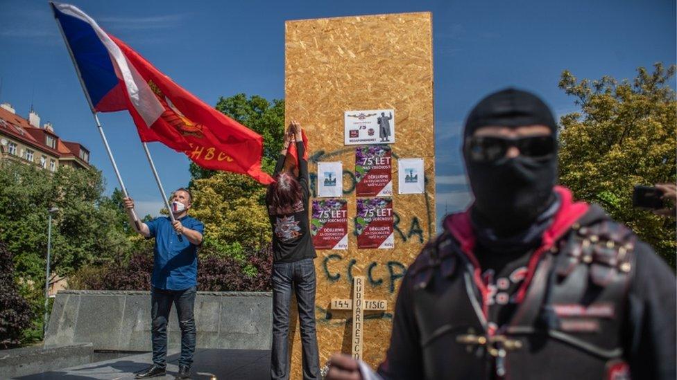 Czech members of motorcycle club "Night Wolves" attend a wreath laying ceremony in front of former pedestal for the monument of Soviet era World War II Commander Ivan Konev on the 75th anniversary of Victory Day in Prague, Czech Republic, 08 May 2020