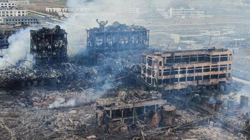 Burnt out buildings after a huge chemical blast in China