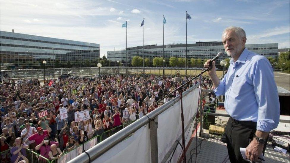 Jeremy Corbyn at a campaign rally in Milton Keynes