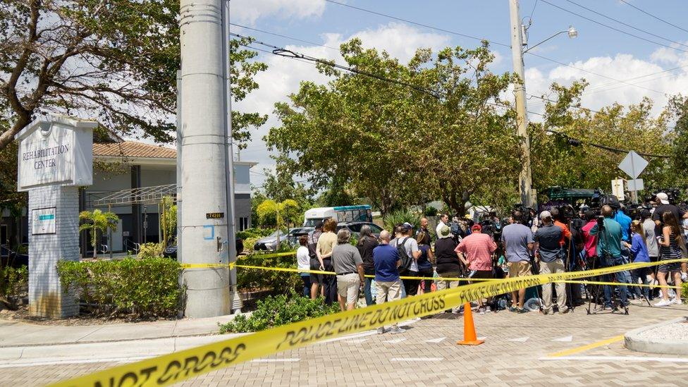 City officials and medical staff address the media outside Rehabilitation Center at Hollywood Hills in Florida where eight residents were found dead, 13 September 2017