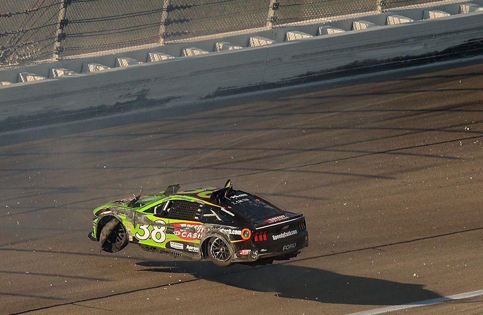 Zane Smith flips after an on-track incident during the NASCAR Cup Series Hollywood Casino 400 in Kansas City. Photo by Chris Graythen