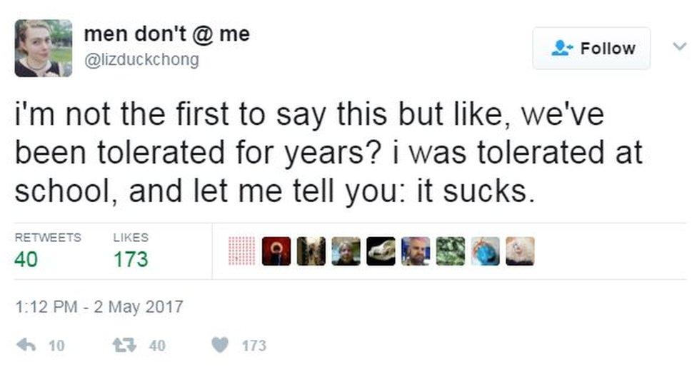 A tweet by @lizduckchong says: "I'm not the first to say this but like, we've been tolerated for years? I was tolerated at school and let me tell you, it sucks"