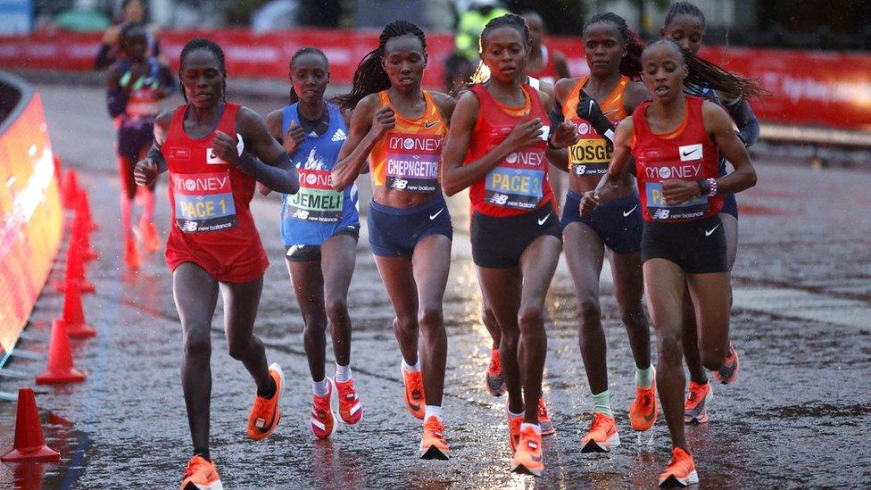 Women runners in action during the London Marathon on 4 October 2020