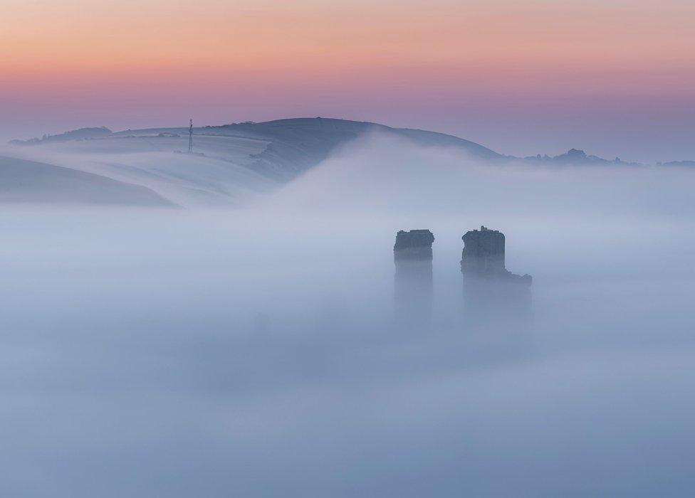 Corfe Castle in the mist