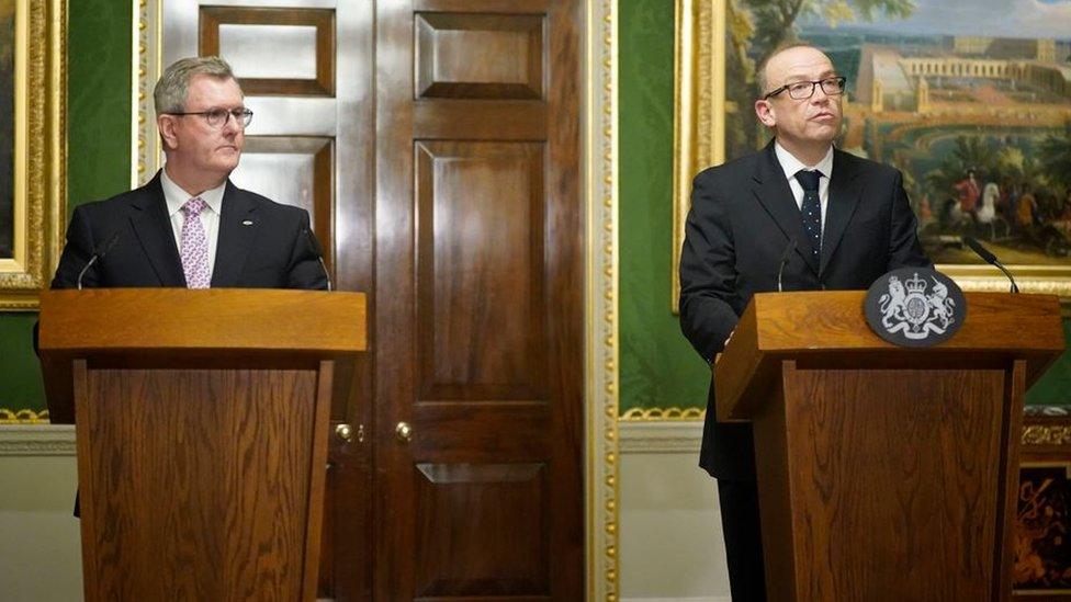 Sir Jeffrey Donaldson and Chris Heaton-Harris held a joint press conference at Hillsborough after the deal was published