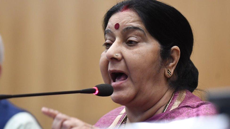 Indian External Affairs Minister Shushma Swaraj addresses a press conference in New Delhi on March 20, 2018