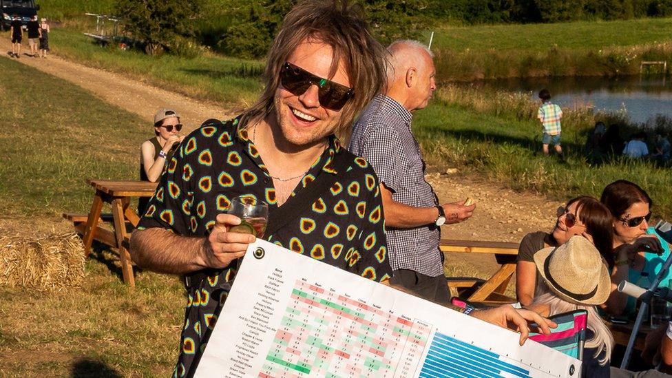 Rou Reynolds holds a giant spreadsheet