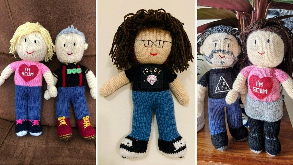 Knitted dolls in Idles t-shirts