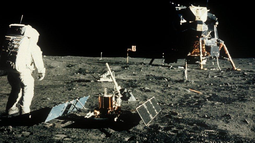 Apollo 11 astronaut Edwin "Buzz" Aldrin photographed near the lunar module on the moon