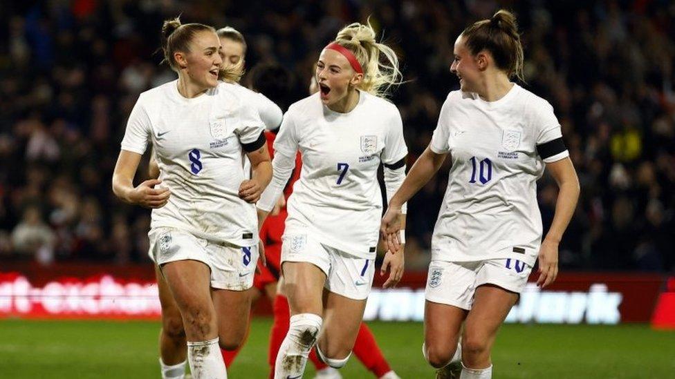 Georgia Stanway celebrates scoring a goal with Ella Toone and Chloe Kelly