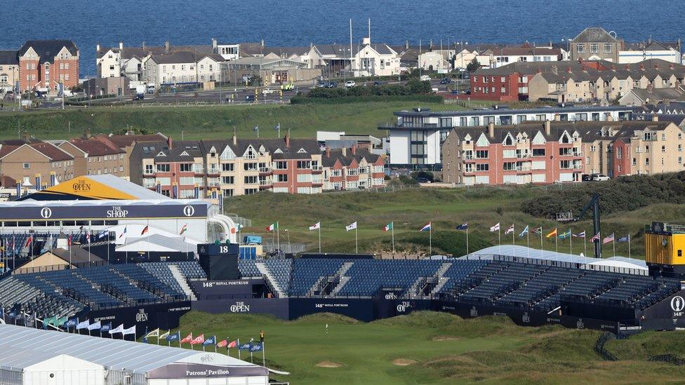 The grandstand at the 18th green at Royal Portrush for the Open