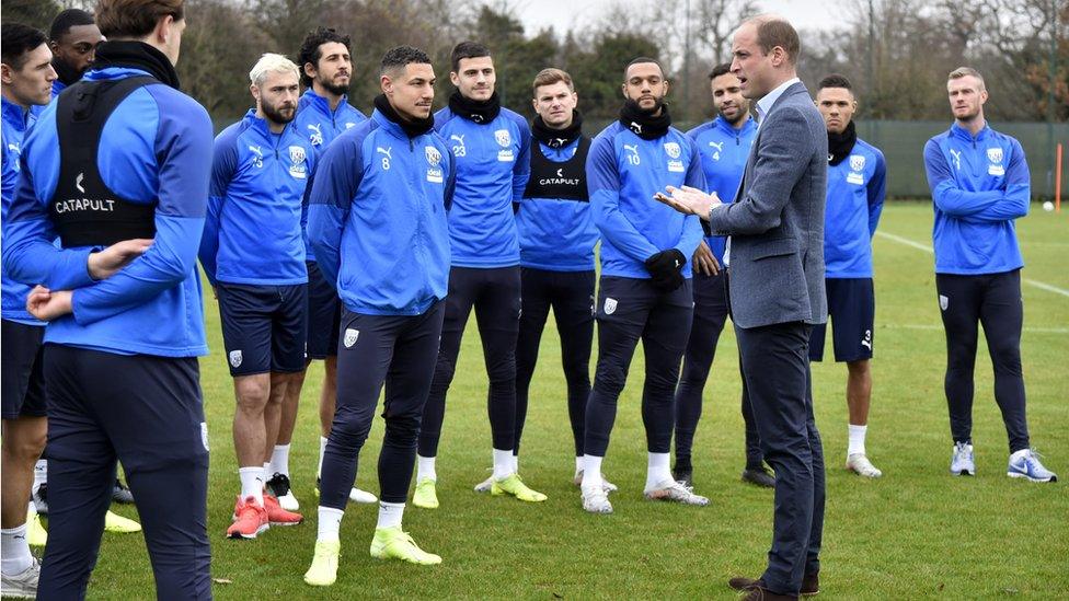 The Duke of Cambridge meets members of West Bromwich Albion FC's first team as part of the Heads Up campaign