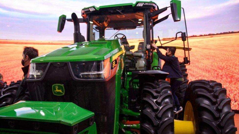 A John Deere 8R fitted with autonomous equipment at CES