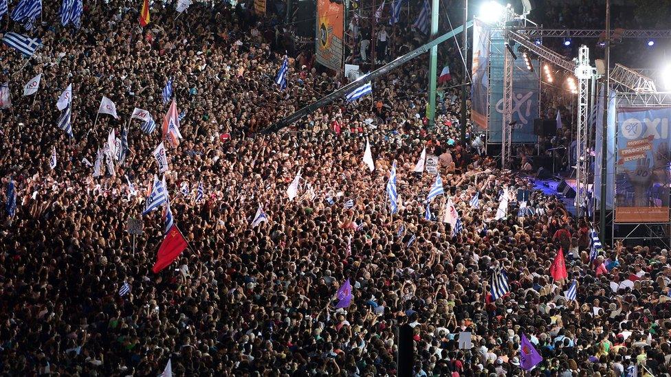 Thousands of 'No' protesters gather in Athens on July 3, 2015, ahead of Greece's bailout referendum