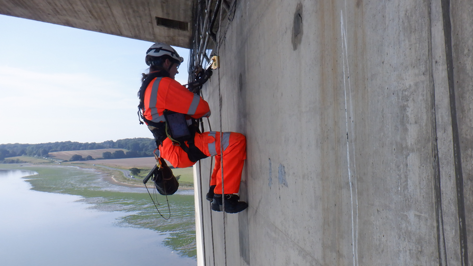 Up and Under worker abseiling the Orwell Bridge