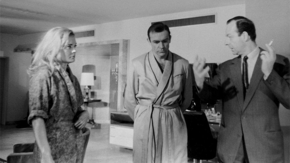 Guy Hamilton (right) directing Sean Connery in Goldfinger