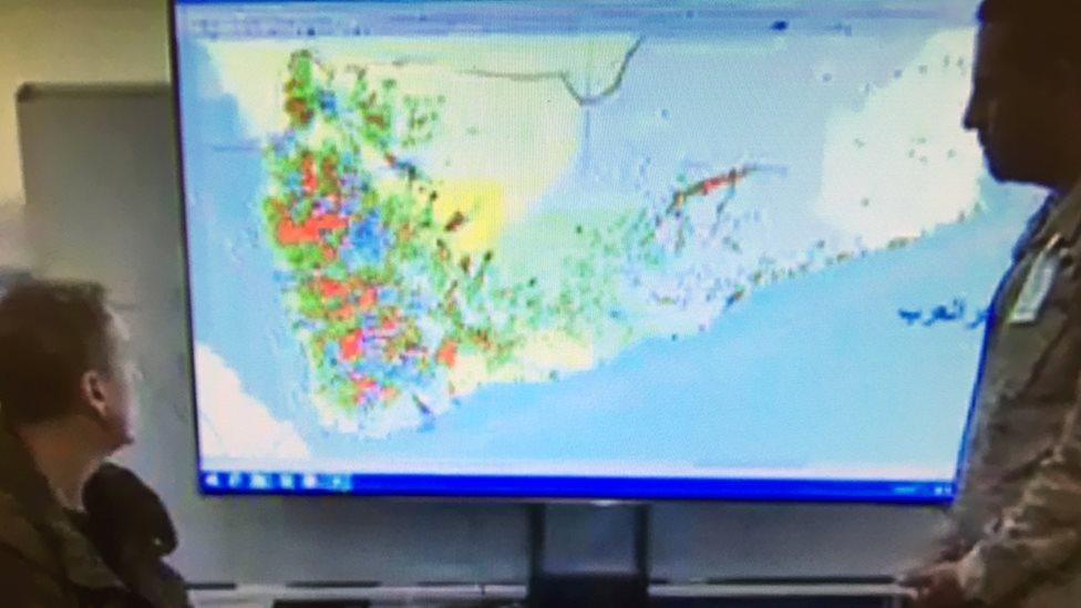 Saudi intelligence officer showing BBC's Frank Gardner the coalition's No-Strike List for Yemen