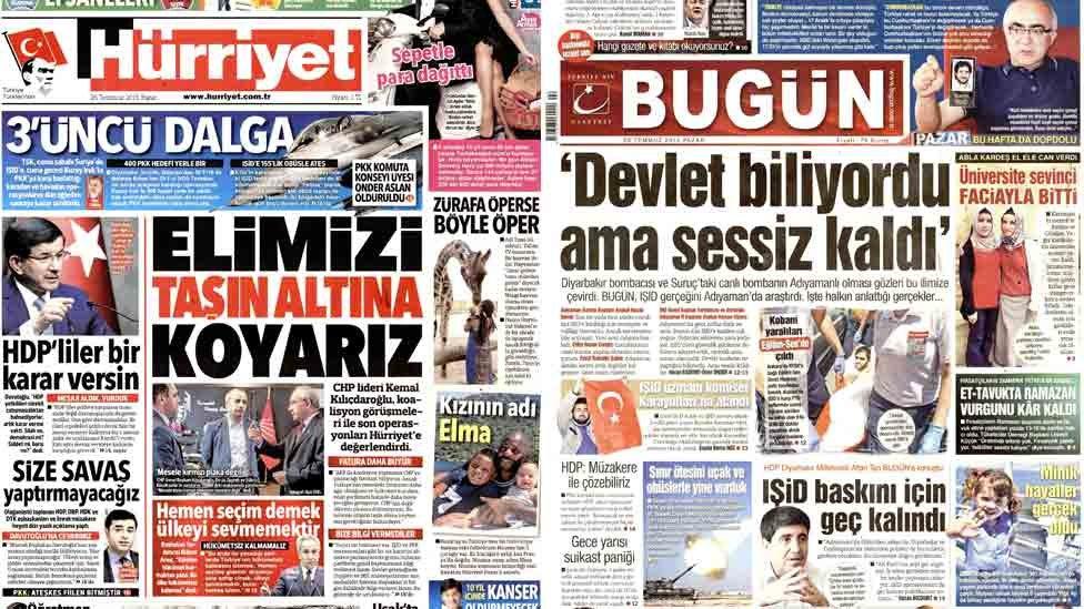 Compilation of front page headlines from Hurriyet and Bugun on 26 July 2015