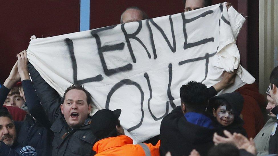 Villa fans protests at Lerner's ownership of the club