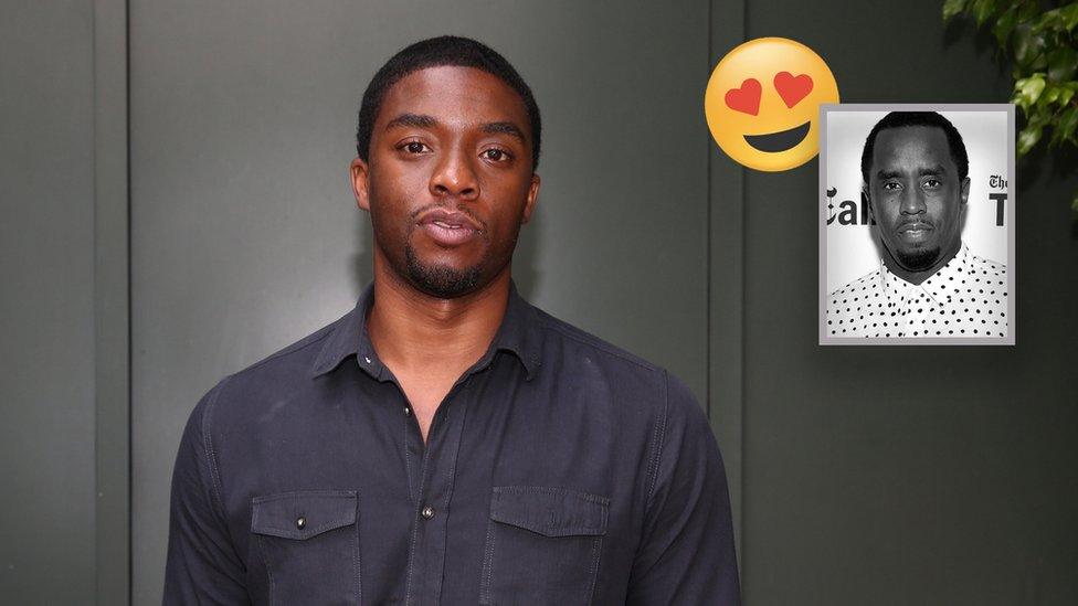 Chadwick Boseman poses against a grey-green backdrop, inset picture shows Sean Combs with a heart-eyes emoji.