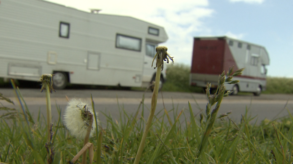 Camper vans parked along a roadside